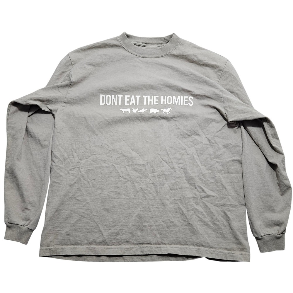 Dont Eat The Homies Vegan Graphic Long Sleeve T-Shirt Grey‎ Tan Size L